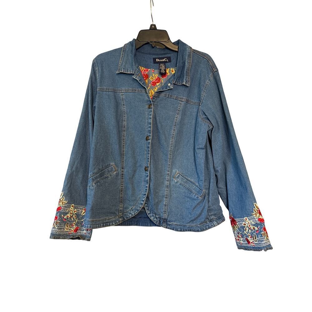 Denim & Co Embroidered Jean Jacket Blazer Floral Sleeves Floral Lining‎ Sz M